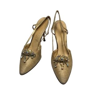 Vintage Elegant Gold Women's Slingback Heels Jewel Embellishments Sparkle